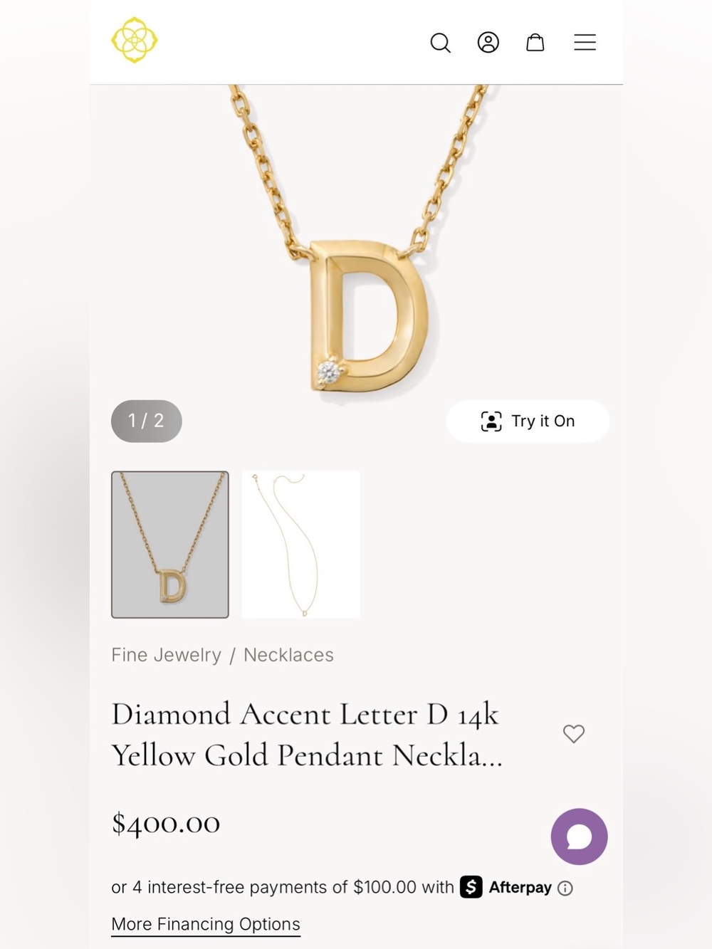 585 14K Kendra Scott Solid Gold Letter D Necklace with Diamond Accent - Picture 2 of 6
